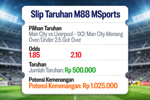 Slip taruhan M88 MSports yang menunjukkan pilihan dan perhitungan potensi kemenangan